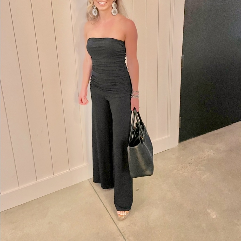 Navy ruched top wide leg jumpsuit